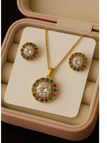 Silver-Plated Round Zirconia Necklace And Earrings Set - Vàng đầy màu sắc - Xem 1