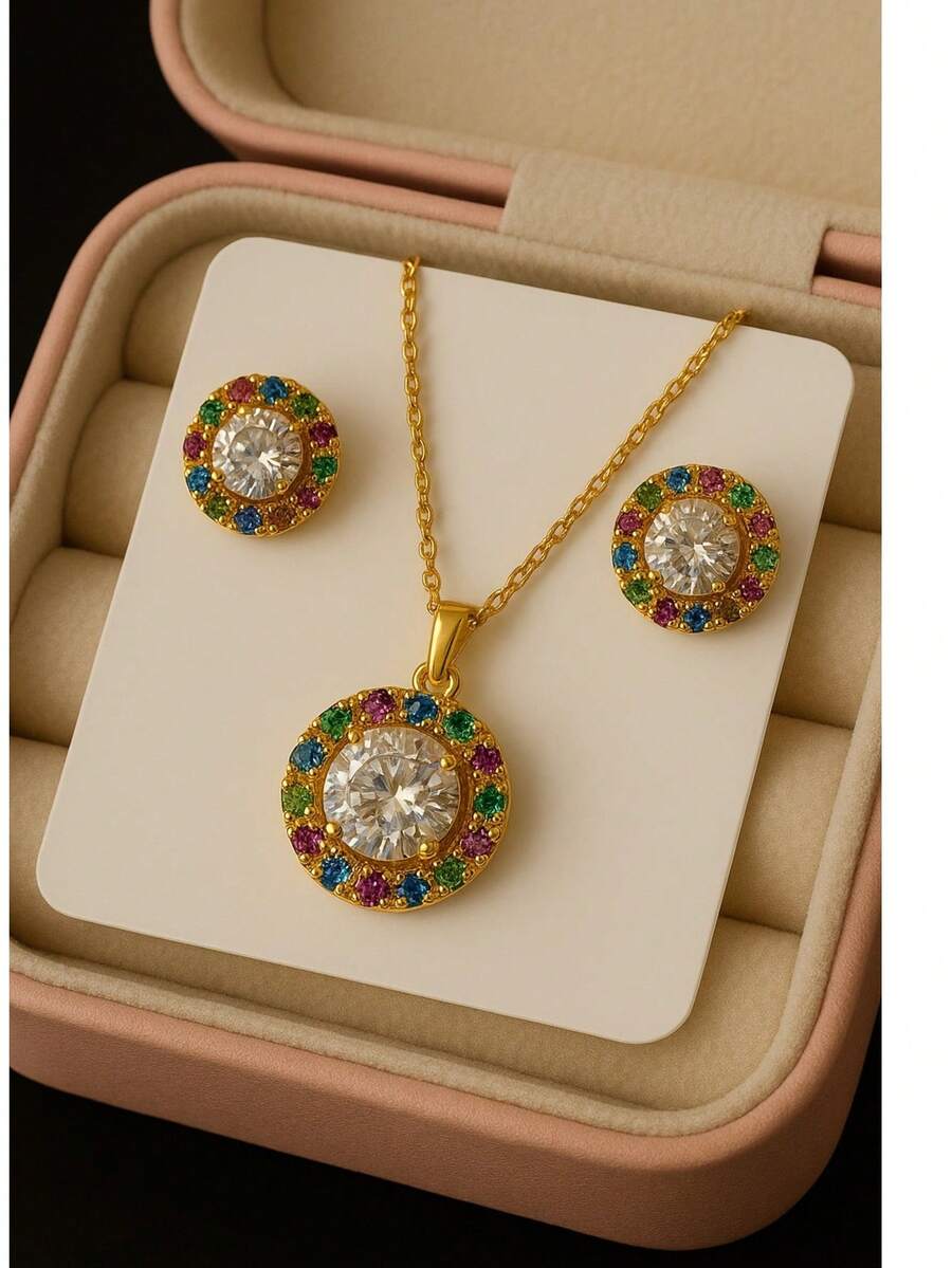 Silver-Plated Round Zirconia Necklace And Earrings Set - Vàng đầy màu sắc - Xem 1