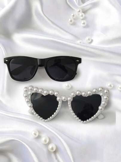 2pcs Bride & Groom Pearl Inlaid Heart & Square Black Frame Decorative Glasses, Wedding Party Bachelorette Party Accessories