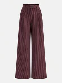 Women's Elegant Long Wide-Leg Pants, Non-Stretch, Fine Striped Pattern, With Practical Button & Zipper - Burgundy - View 1