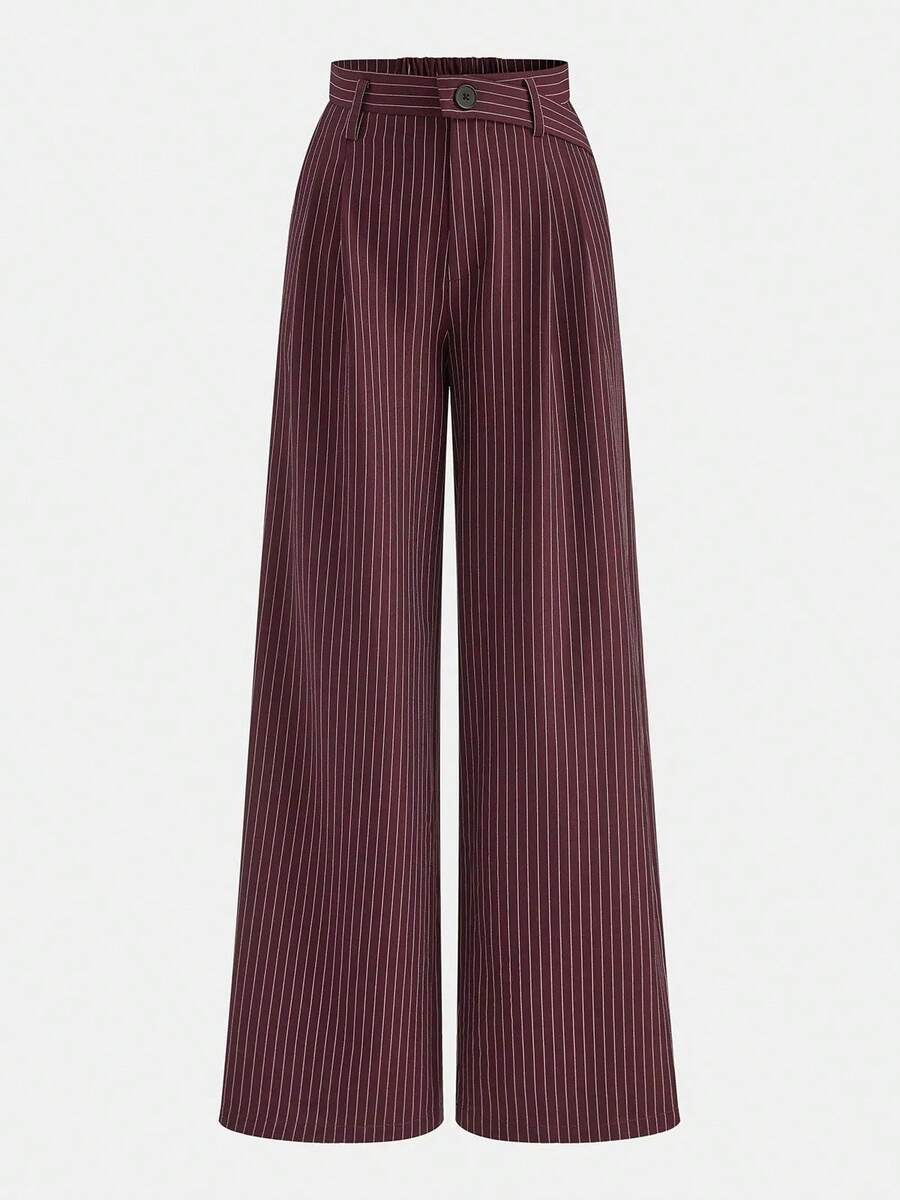 Women's Elegant Long Wide-Leg Pants, Non-Stretch, Fine Striped Pattern, With Practical Button & Zipper - Burgundy - View 1