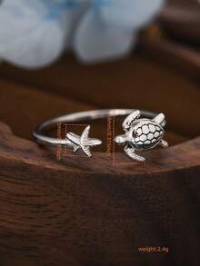 1 Antique Silver Starfish Turtle Open Adjustable Ring For Daily Wear As A Gift For A Friend - Turtle Ring - View 5