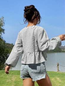 Chic Plus Size Gingham Peplum Blouse With Bishop Sleeves Round Neck Knot Detail And Ruffle Hem Long Sleeve Regular Fit Woven Top Non-Stretch Fabric Lightweight And Stylish - Grey - View 3