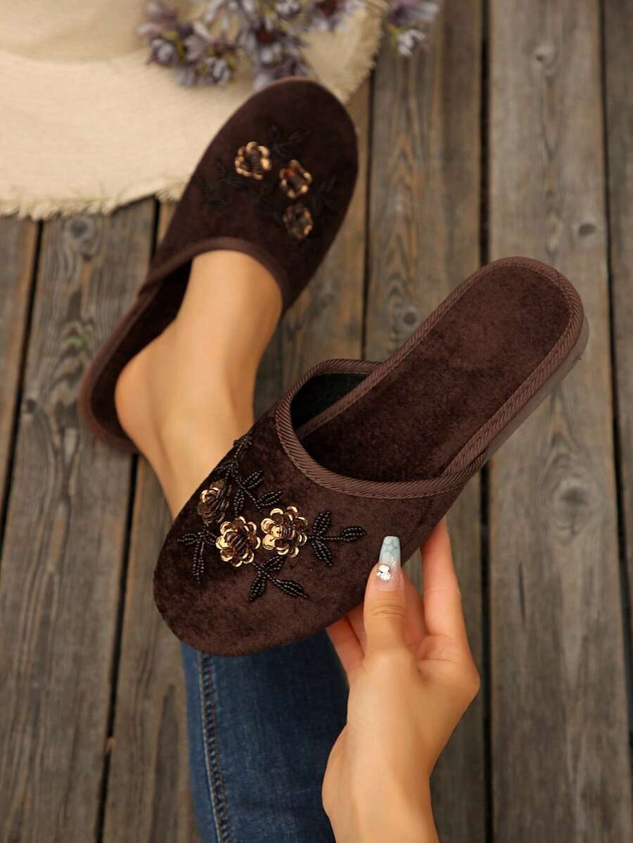 1 Pair Handmade Beaded Floral Retro Round Toe Slippers For Women, Comfortable & Lightweight Indoor Slippers, Available In Black, Pink, Multiple Colors, Size Runs Large, Recommend Ordering One Size Down - Coffee Brown - View 1