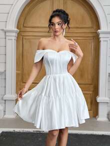 YUMIBRAVO Balletcore Off The Shoulder Wedding Dress Bride White Dresses For Women, Ball Gown Dress Short Prom Dress, Satin Wedding Dresses For Bride Birthday Women Outfits, Perfect For Classic Weddings, Graduation Dress, Party Dress