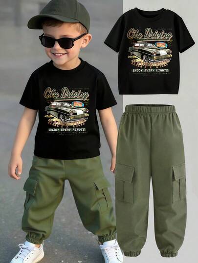 男童卡通印花圆领短袖上衣和工装裤套装