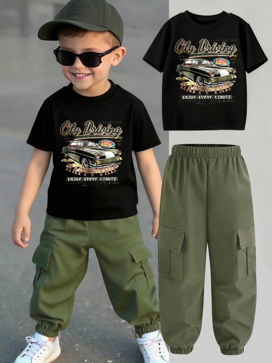 男童卡通印花圆领短袖上衣和工装裤套装 - 黑色 - 查看 1