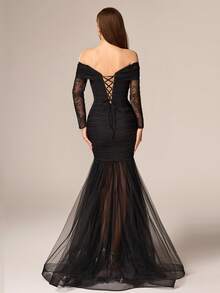 VIPGIRL 优雅奢华黑色长袖露肩多层网纱正式晚礼服，喇叭裙摆连衣裙，适合婚礼、春季派对 - 黑色 - 查看 3