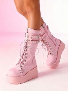 Women Punk Motorcycle Pink Boots Platform High Wedge Heel Metal Buckle Side Zipper Lade Up Round Toe Shoes Cool Fashion Gothic Boots For Woman - 粉色 - 查看 6
