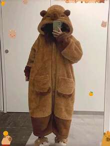 Super Cute Plush Panda Romper, Button-Down Hooded Robe, Adorable Plush Thick Autumn And Winter Pajamas (Kapibala Panda Robe With Pockets) - 卡皮巴卡 - 查看 5
