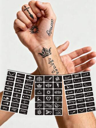 A4尺寸镂空纹身模板，手绘多图案花卉人物励志情感短语，星月莲花图腾个性化纹身贴纸，临时纹身，适合节日派对，可贴于手指、耳朵、背部、肩膀、颈部、锁骨等部位，男女通用，半永久防水仿真纹身贴纸