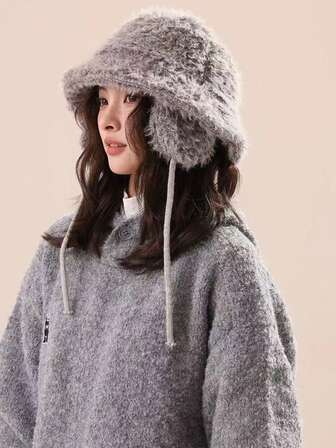 1pc Women's Fleece Ear Warmer Bucket Hat, Winter Warm Drawstring Lined Casual Outdoor Hat Warm Accessories