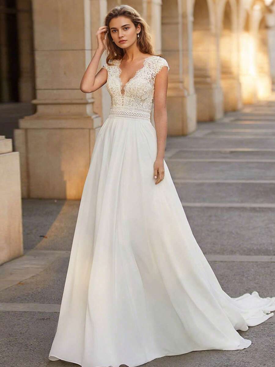 Enchantin V-Neck Lace Bodice Long Wedding Gown - Perfect For Christmas, Halloween, Weddings, Proms & Birthdays - 白色 - 查看 1