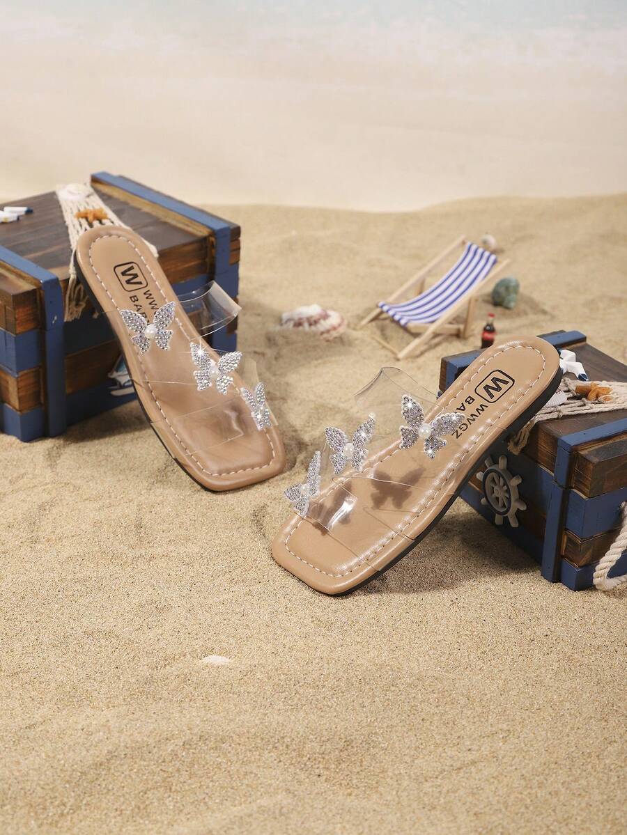 儿童时尚拖鞋，夏季新款，饰有水钻蝴蝶结，闪亮时尚，方便轻便，适合儿童沙滩穿着。 - 無色 - 查看 1