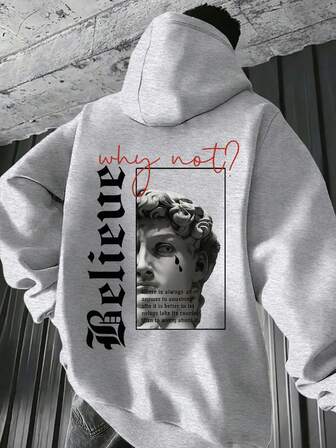 1pc Plus Size Men's Hooded Gray Sweatshirt, Thermal Lined Thick, Branded Character Print, Casual Outdoor Wear, Autumn/Winter