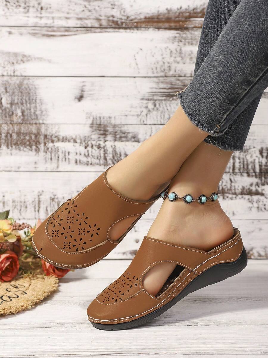 Women's Hollow Out Platform Slippers, Soft Beach Party Holiday Fashion Forward Elegant Wedding Casual Sexy Outdoor Buckle Ladies Wedge Thick Bottom Sandals, Summer - Brown - View 1