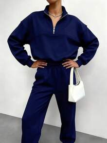 Women's Fleece-Lined Two-Piece Tracksuit - Loose Fit Autumn Casual Wear, Comfortable Sporty And Relaxed Style, Suitable For Loungewear (Multiple Colors) - 藍色 - 查看 3