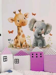 1片/2片装多尺寸PVC自粘可移除墙贴，图案包括：可爱长颈鹿、大象、蝴蝶、草原、热气球、小鸟、云朵、蝴蝶仙子、月亮、彩虹、狐狸、鹿、蘑菇、独角兽公主、爱心、睡熊、星星、花朵装饰，适用于卧室、客厅、书房、餐厅、浴室、家居墙面装饰、房间装饰 - 彩色 - 查看 11