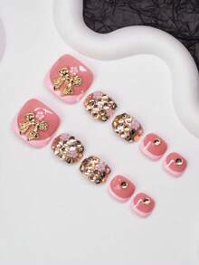 Set de 10 pegatinas de arte de uñas Y2K hechas a mano, envoltorios de uñas con puntas francesas nude y rosa con rhinestones, lazos, diseños de flores, adecuados para fiestas, bodas y uso diario, incluye herramientas, gran regalo para mujeres y niñas, suministros para uñas - Multicolor - Ver 3