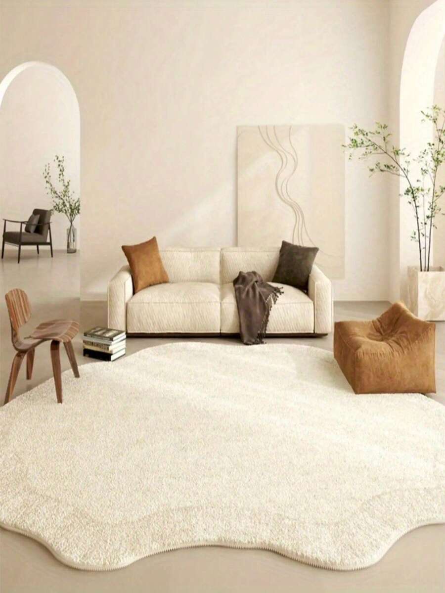 1pc Modern Cream Style Asymmetrical Shaped Plush Soft Carpet, Large Area Rug For Living Room, Bedroom, Hallway, Entryway - White - View 1