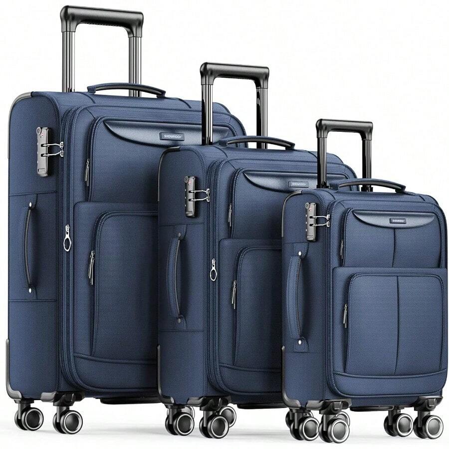 Luggage Sets 3 Piece Softside Expandable Lightweight And Durable Suitcase Sets Double Spinner Wheels TSA Approved Lock 20in/24in/28in - Blue - View 1