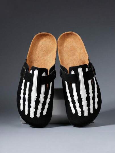 男士新款一脚蹬拖鞋，骷髅印花休闲露背乐福鞋，一脚蹬设计，适合室内/室外穿着，极简主义街头风格凉鞋，适合春、夏、秋季休闲散步和度假