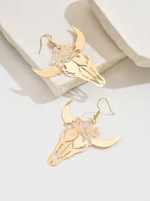 1 Pair Retro Cowboy Style Bull Head Pendant Earrings, Unique Gift Suitable For Parties And Gatherings - Yellow Gold - View 2