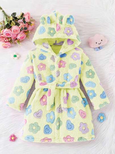 Girls' Autumn And Winter Colorful Five Pointed Star Yukata Long Sleeved Hooded Cute Flannel Nightgown, Soft And Comfortable Fabric, Warm And Suitable For Home Wear After Showering