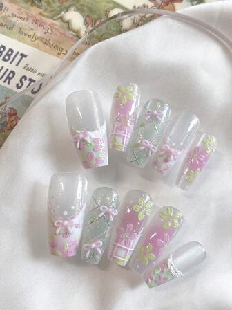 Lovely Sweet Wind 10-Piece Long Coffin-Shaped Handmade Exquisite Wearing A Hand-Painted Explosive Cat's Eye White Plaster French Edge Summer Fresh Flowers Gradient Blush White Polka-Dot Three-Dimensional Bow Fake Nails Jewelry Fingernail Set