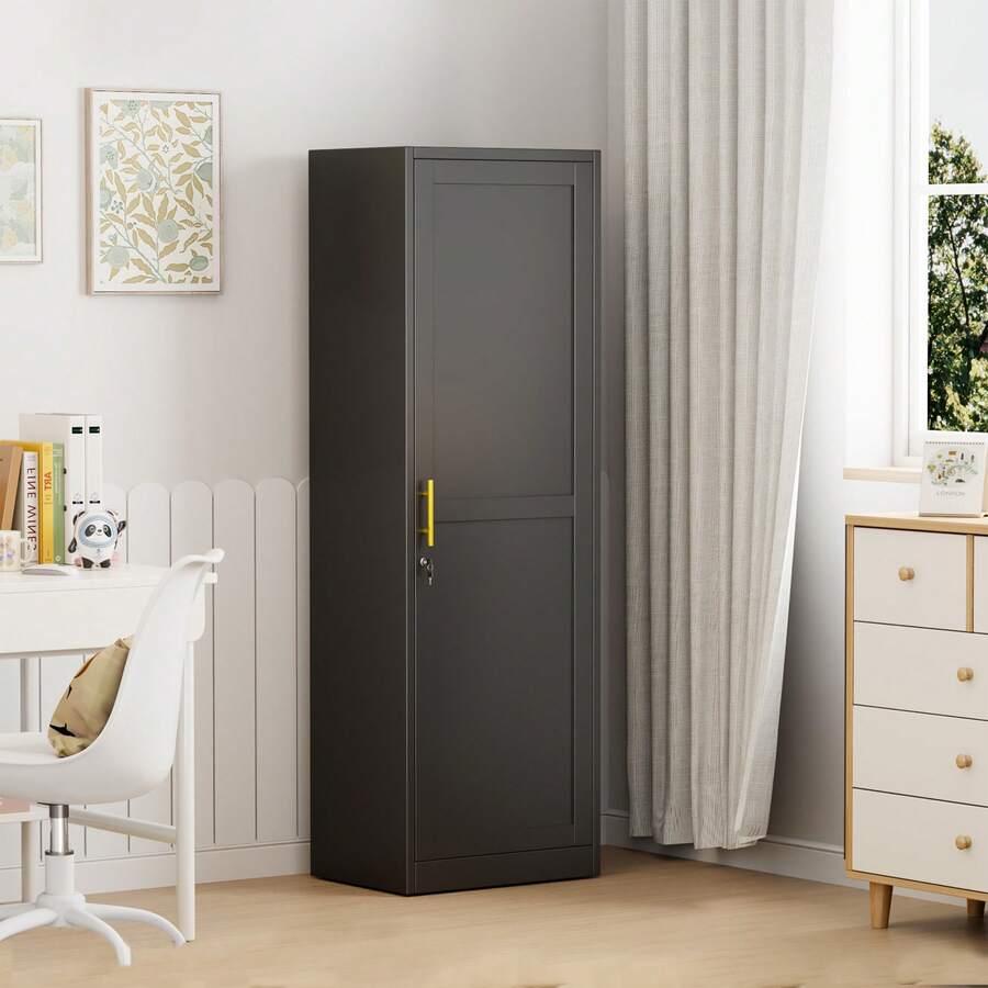 67 Inch High Metal Storage Cabinet With Lock Snack Storage Cabinet, Suitable For Tool Filing Cabinets In Bedrooms, Gyms, Home Offices, Entrances, And Corridors - 黑色 - 查看 1