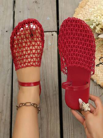 New European And American Style Backstrap Fishnet Flat Sandals, Hollow-Out Comfortable Beach Slides For Women