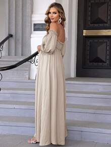 Joyfunear Maternity Fashionable Solid Color Off Shoulder Slit Robe Dress - Apricot - View 2