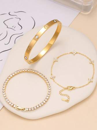 Fashionable Retro Lucky Flower, Four-Leaf Clover Stainless Steel Bracelet, Suitable For Women's Daily Wear Jewelry Set