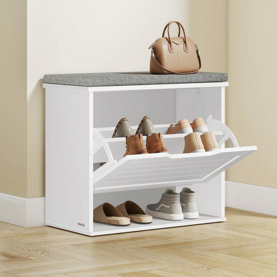 Panchina Scarpiera a 3 Ripiani per 6 Paia di Scarpe, Panca da Ingresso, Cassetto a Ribalta con Divisorio Regolabile, 30 x 60 x 53,5 cm, per Camera, Bianco Nuvola e Grigio Tortora - Bianco - Visualizzare 1