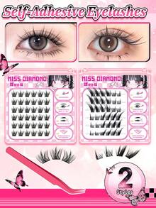 2 Boxes Self-Adhesive Cluster False Eyelashes Natural Look Lashes, Individual Eyelashes No Glue Needed, Reusable DIY Eyelashes For Women & Pros, DIY Makeup, Anime Style, Easy To Use For Beginner, False Eyelashes Lash Clusters,Eyelash Clusters,Individual Eyelashes,Lashes,Fake Lashes