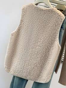 YUXIN Must - Have For Women In Autumn And Winter! Soft Faux Shearling Sleeveless Cardigan Vest With Dual Pockets, Ultra - Warm And Versatile For Daily Wear Summer - Apricot - View 7
