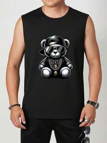 男士夏季街头嘻哈熊图案无袖背心 - 黑色 - 查看 3