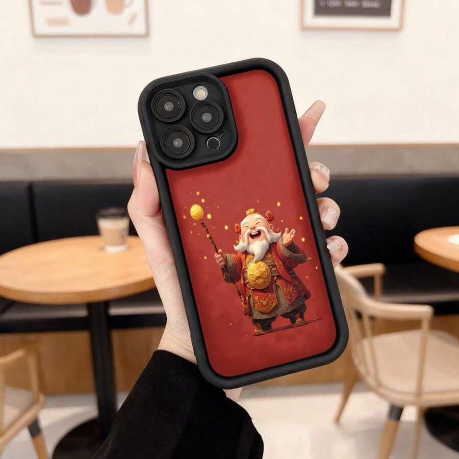Cubierta de teléfono con diseño de dios de la fortuna roja para iPhone 14 Pro Max funda protectora con estampado de dios chino de la riqueza ideal para celebraciones festivas y uso diario Aplicable a los teléfonos de la serie Apple y Galaxy - Negro - Ver 1