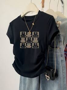 女士夏季新款短袖T恤，圆领，印花设计，宽松休闲上衣，春季黑色 - 黑色 - 查看 1