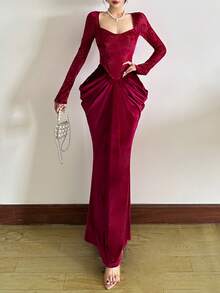 Long Sleeve Patchwork Pleated Belted Waist Fitted Dress - Red - View 1