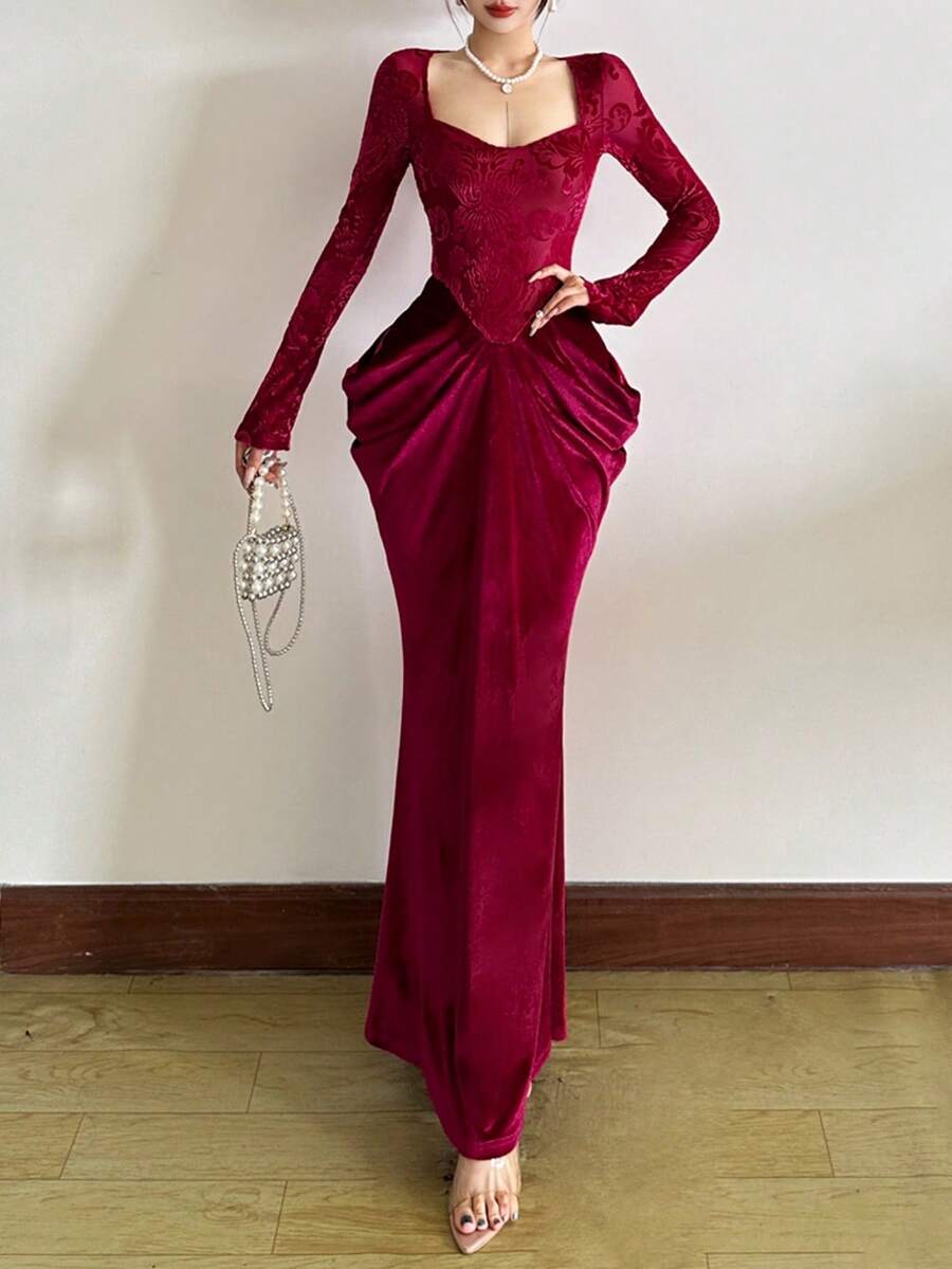 Long Sleeve Patchwork Pleated Belted Waist Fitted Dress - Red - View 1