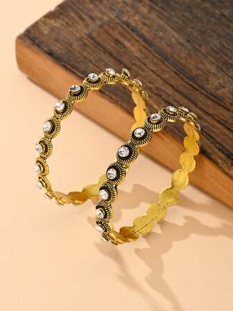 2pcs Set Fashionable Elegant Middle Eastern Style Crystal Handmade Bracelet, Gorgeous Gold Tone Bangle Accessory, Women Jewelry, Suitable For Wedding, Daily Wear