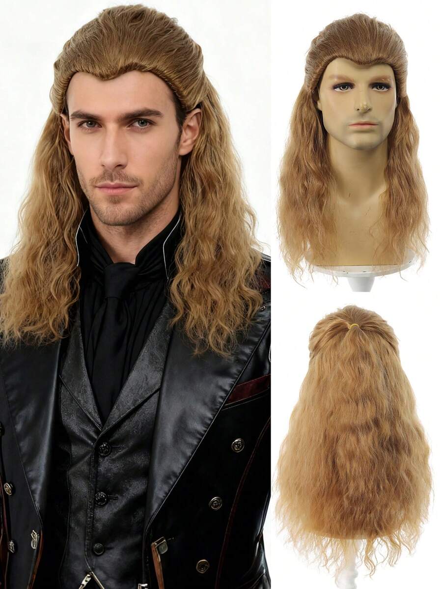 24英寸长金色卷发假发，超级英雄“雷神”角色扮演服装假发，耐热合成假发，万圣节假发 - 棕色 - 查看 1