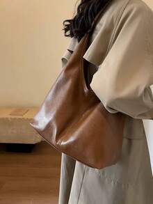 Vintage Commuter Large Capacity Handbag, Women's Fashion High-Quality Soft Leather Shoulder Bag, Minimalist Versatile Commuter, School, Shopping Tote Bag - Coffee - View 7