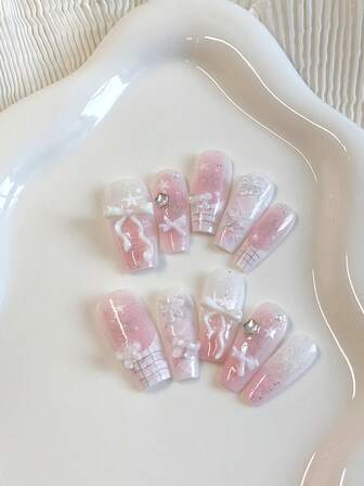 Gentle And Sweet Wind 10-Piece Long Coffin-Shaped Pure Hand-Painted Exquisite Wearing A Hand-Painted Pink Halo Dye Gradient Explosive Flash Rhinestone Square French Solid White Bow Star Dot Drill Transparent Glass Bow Faux Pearl Fake Nails Jewelry Fingernail Set