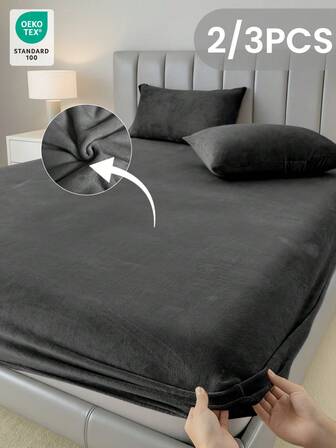 2/3pcs Black Solid Crystal Velvet Bedding Set, Includes Pillowcase(S), Soft & Breathable, Skin-Friendly, Duvet Cover Set, Anti-Pilling, Home Textile, Room Decor, 1 Fitted Sheet And 1/2 Pillowcase(S), Pillow Not Included, Suitable For Twin, Full, Queen, King Size Beds