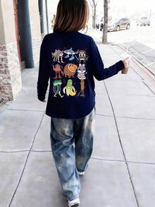 1pc Casual Printed Long Sleeve T-Shirt For Tween Girls, Spring/Autumn, Fashionable, Warm And Comfortable Design For Young Students And Teenagers - Navy Blue - View 3