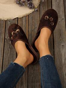 1 Pair Handmade Beaded Floral Retro Round Toe Slippers For Women, Comfortable & Lightweight Indoor Slippers, Available In Black, Pink, Multiple Colors, Size Runs Large, Recommend Ordering One Size Down - Coffee Brown - View 5