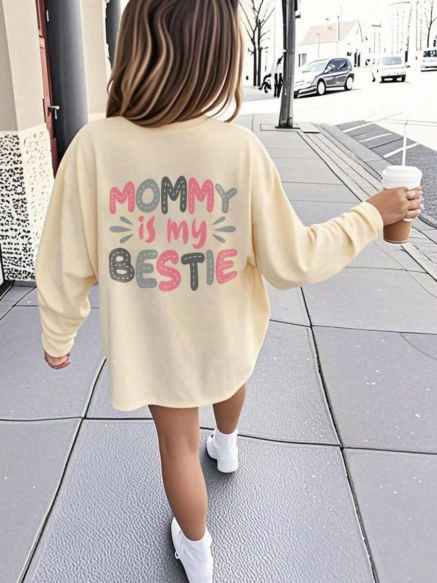 Tween Girl Graphic Print Round Neck Long Sleeve T-Shirt, Autumn/Winter Top