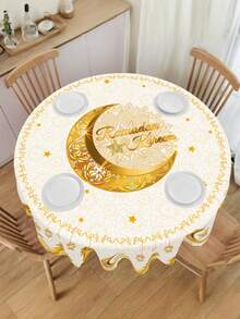 1pc, Ramadan Kareem Polyester Tablecloth, Round-150cm White Golden Moon Star & Eid Lantern Design Tablecover, Eid Celebrations, Eid Al-Fitr & Eid Al-Adha Holiday Table Decor, Family Gathering, Festive Kitchen, Home & Kitchen Decor, Ramadan Mubarak 2026 Party Supplies - Multicolor - View 9